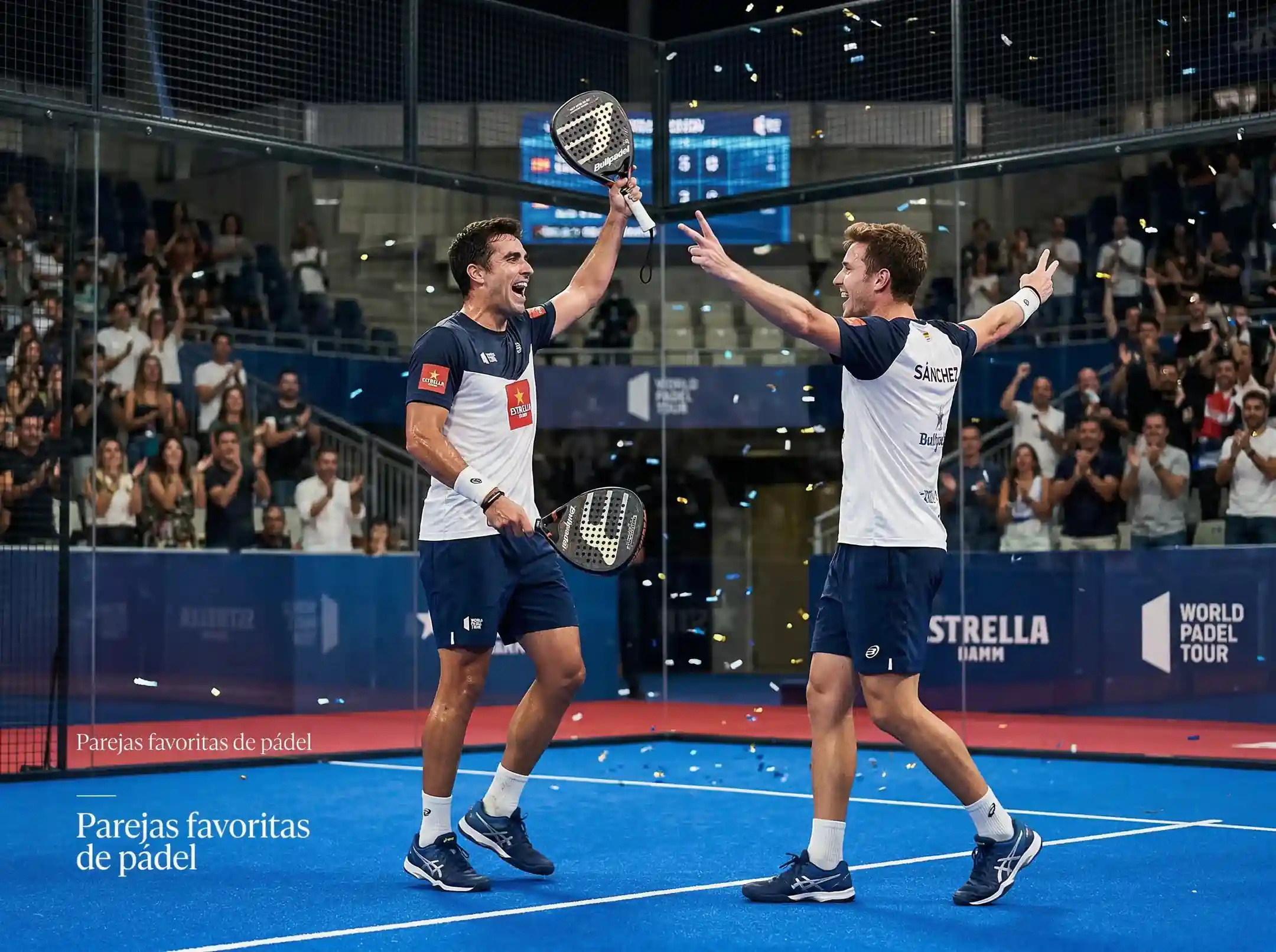 Jugadores de padel profesional celebrando victoria en torneo Premier Padel